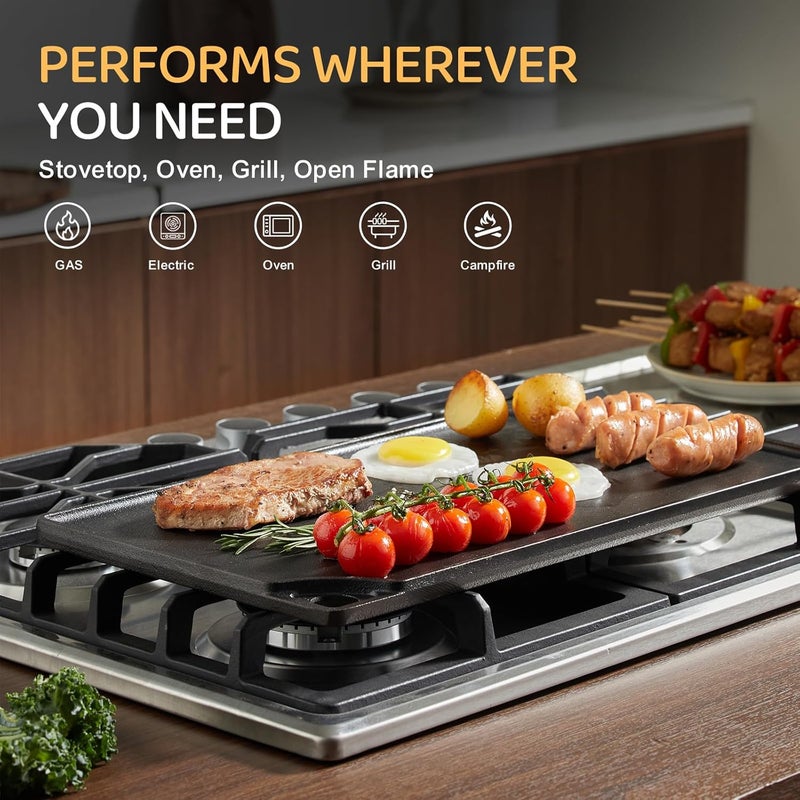 EWFEN Reversible Grill/Griddle, 16.7x9.5'' Pre-Seasoned Cast Iron Griddle Pan, Double Burner Cookware, Rectangular Non-Stick Stovetop Griddle with Handles, Flat Top Plate for Oven, Grill & Campfire - Image 4